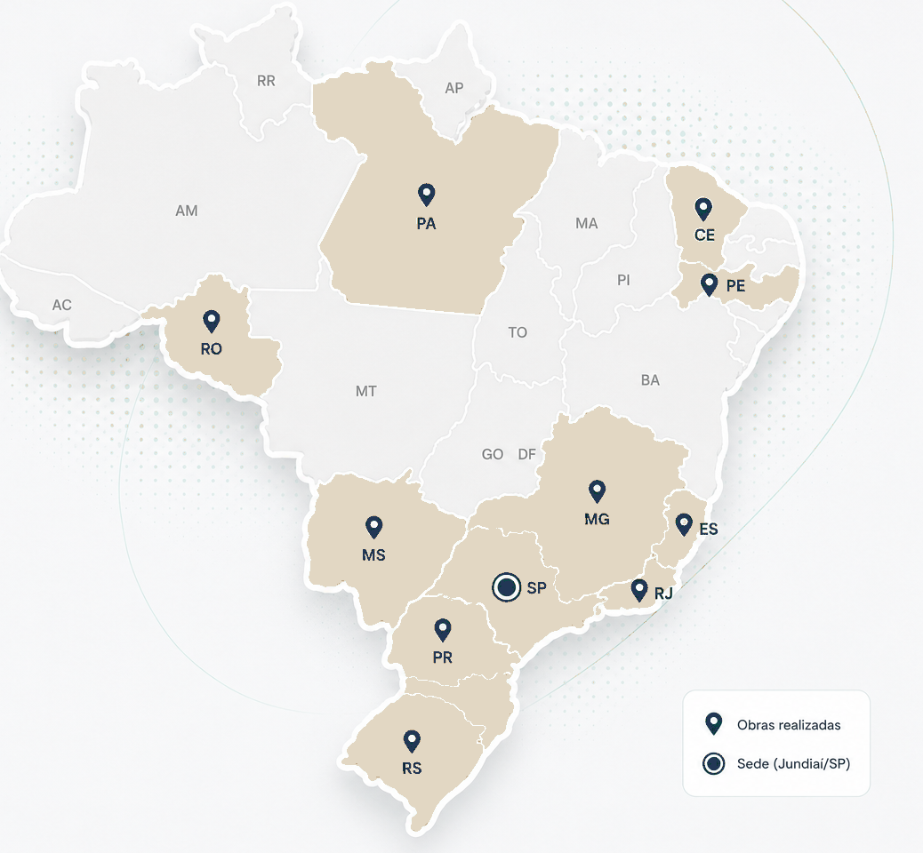 Mapa do Brasil com a cobertura da Sage Engenharia — sede em Jundiaí/SP e obras realizadas em 11 estados: São Paulo, Minas Gerais, Rio de Janeiro, Espírito Santo, Paraná, Rio Grande do Sul, Mato Grosso do Sul, Rondônia, Pará, Ceará e Pernambuco.