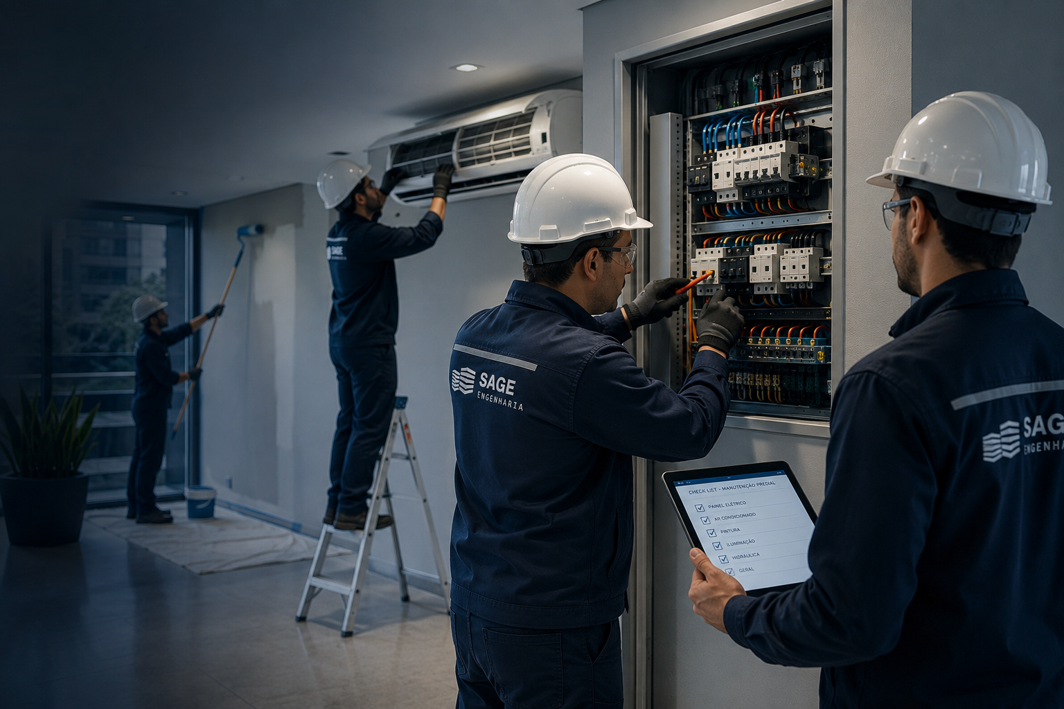 Equipe técnica da Sage em manutenção predial — painel elétrico, climatização e pintura