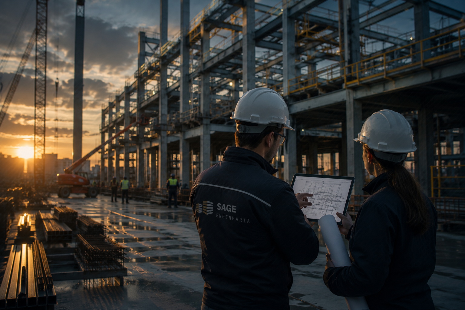 Engenheiros da Sage analisando o projeto em canteiro de estrutura metálica ao pôr do sol